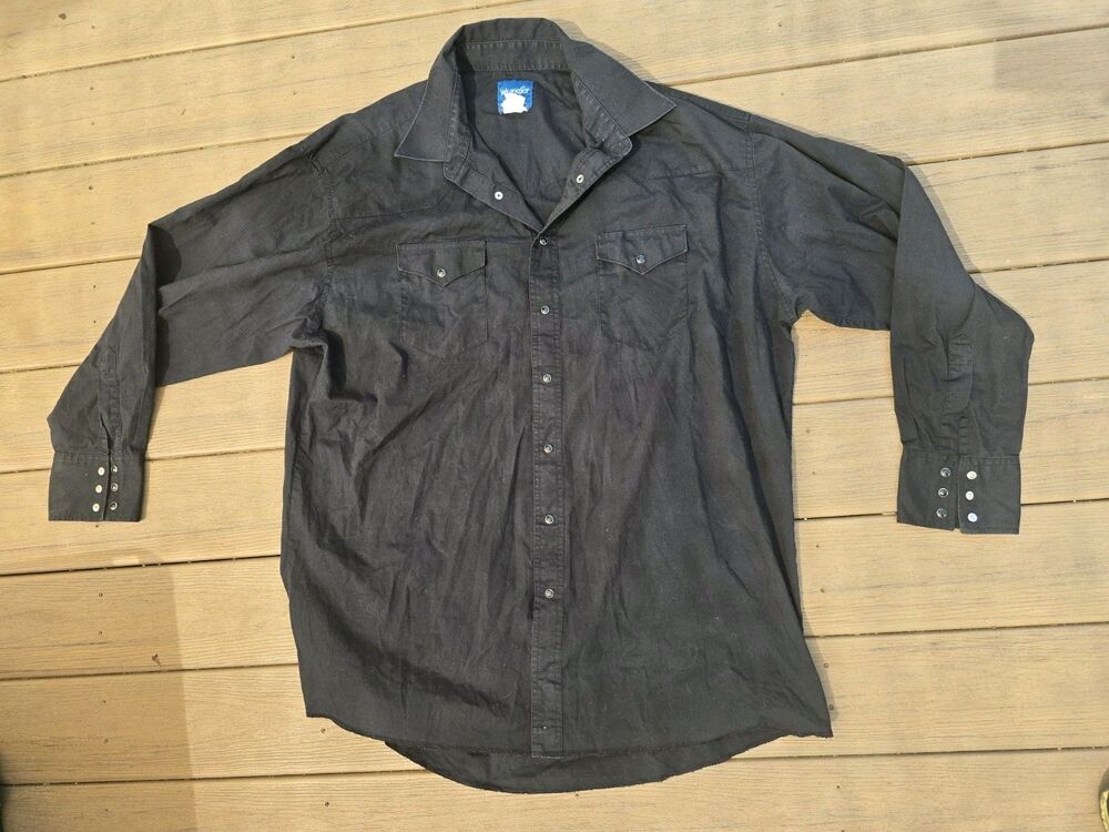 Wrangler Western Shirt Mens 18 x 36 XL Black Long Pearl Snap Vintage